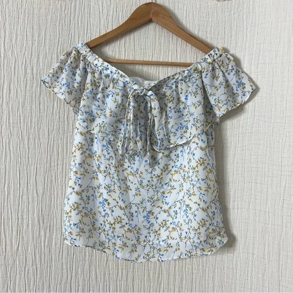Kaari blue white blue floral off the shoulder top with neck tie ribbon size PS - Picture 5 of 6